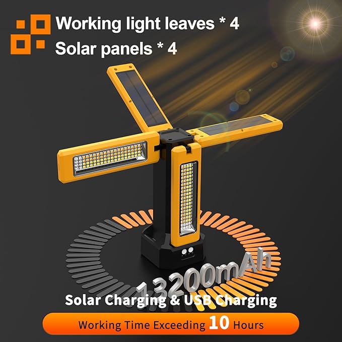 13200mAh Rechargeable Solar Work Light with Folding Stand Support and Portable Carrying Bag, 8000 Lumen Stepless Dimmable, 4 Lighting Modes, White/Warm/Warm White (No Tripod)