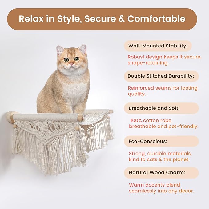Cat Wall Shelves & Hammock - Comfy Cat Beds with Window Perch for Indoor Fun, Durable Wood & Macrame Cotton Ropes (21.6 * 11.8 Inches) for Sleeping & Climbing