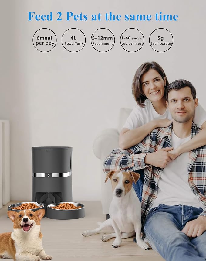 Automatic Cat Feeder, WellToBe Pet Feeder Food Dispenser for Cat & Small Dog with Two-Way Splitter and Double Bowls, up to 6 Meals with Portion Control, Voice Recorder - Battery and Plug-in Power