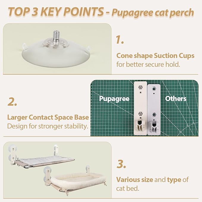 Foldable Cat Window Perch for Large Cat, Cordless Cat Hammock Window Seat Update Secure Hold with 4 Cone Shape Suction Cups and 2 Sturdy Larger Base for Indoor Cats (Large,White)