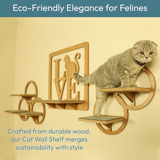 Cat Wall Shelves and Perches 3 PCS Beechwood - Mounted Cat Wall Furniture for Indoor Cats for Climbing Playing and Lounging - 5 Cat Wall Steps with Cat Shelves and a Cat Wall Bed