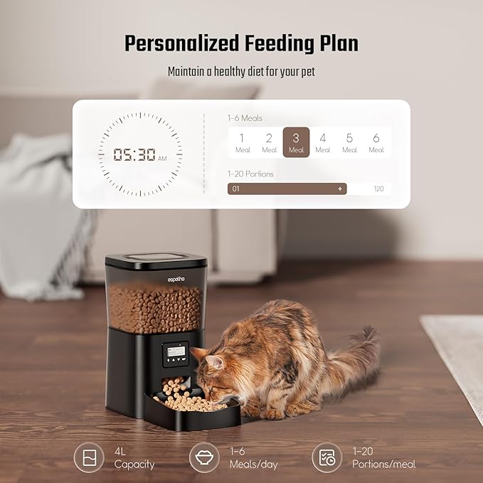 Automatic Cat Feeder- 4L Timed Cat Food Dispenser 1-6 Meals Control for Cat and Small Dog- Auto Pet Feeder with Desiccant Bag Keep Fresh for Reliable Easy Set Up and Clean- Voice Recorder