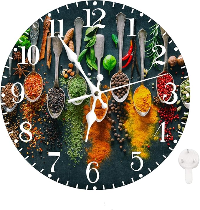 Ansouyi Round Wall Clock Battery Operated Clocks Wallclock 10 Inch,Colorful Various Herbs and Spices Silent Non Ticking Wall Clock for Living Room,Kitchen,Home,Bathroom,Bedroom,Office or School