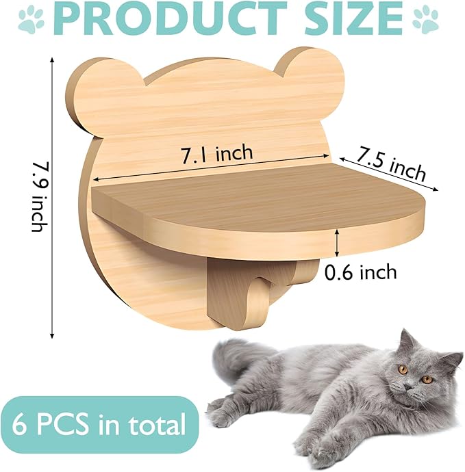 kathson 6 Pcs Cat Shelves for Wall Cat Wall Mounted Shelves Cat Wall Steps Wood Cat Climbing Shelves Cat Stairs with Non Slip Felt Cat Ladder Cat Wall Furniture for Springboard Playing (Bear Shape)