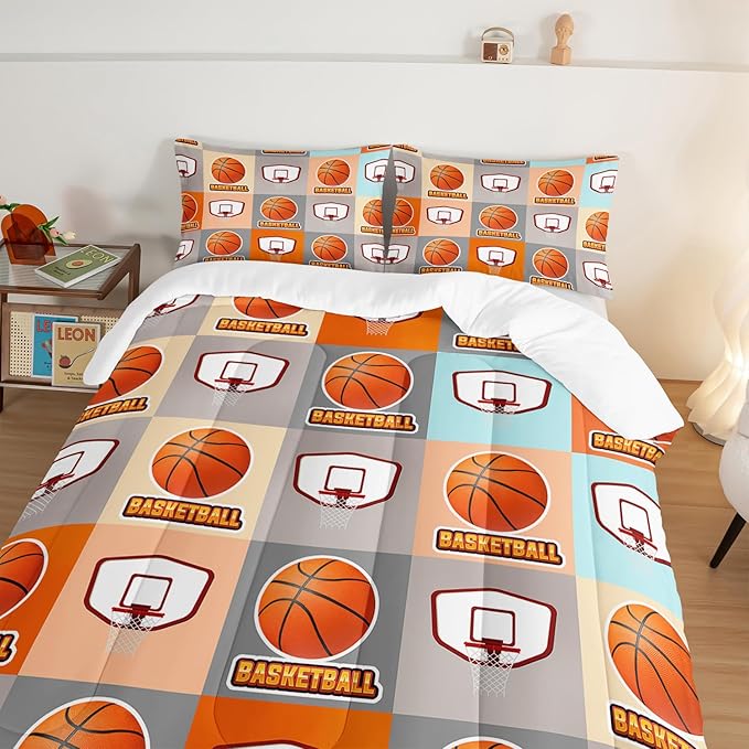 Basketball Bedding Kids Comforter Set Full Size,Sports Style Basketball Printing Bedding Set for Teens Boys Room Decor,Ball Sports Games Comforter Set Soft Kids Bedding with 2 Pillowcases.