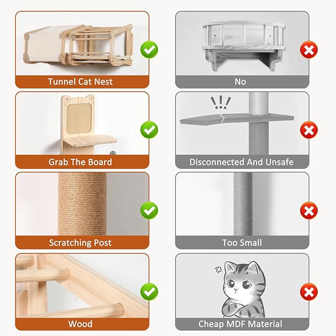Cat Wall Shelves and Cat Wall Climber for Wall, Wooden Wall Mounted Cat Furniture, 5 Set ofCat Climbing Perches with Wall Steps, Scratching Posts, Scratching Perch, and Cat Tunnel