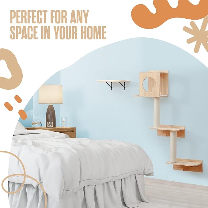 Houseables Wall Cat Tree, Wall Mounted Cat Tree, Cat Shelves, Cat Wall Furniture Set, Cat Wall Shelves, Cat Climbing Shelves, Wall Mount Cat Shelves, Cat Ledges for Walls, Wall Cat Furniture, w/House