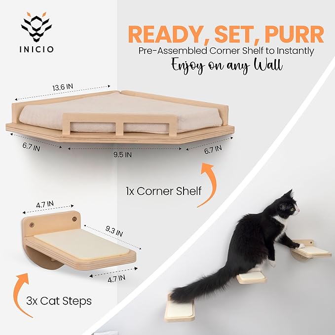 Cat Wall Shelves - Cat Shelves for Wall, Cat Shelf w/Cat Wall Steps, Cat Shelf for Wall - Corner Cat Shelf, Cat Shelves with Cat Wall Bed