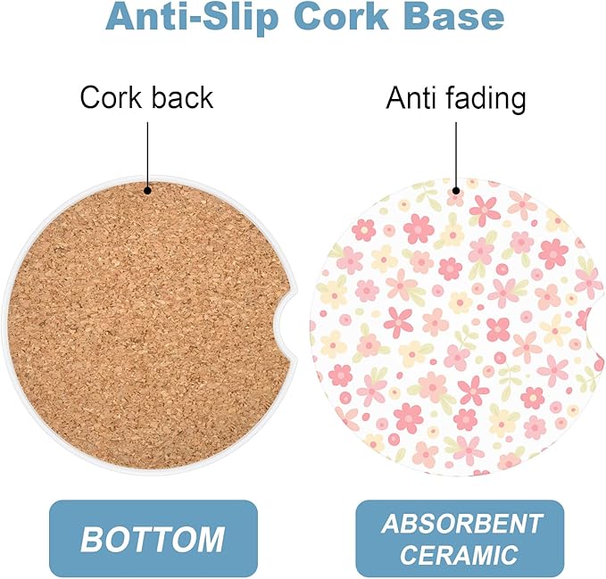 2 Pack Car Cup Holder Coaster, 2.63 inch Anti Slip Insert Absorbent Ceramic Car Coaster with Cork Base and Finger Notch, Cute Car Accessories Interior for Women, Cute Car Coasters.