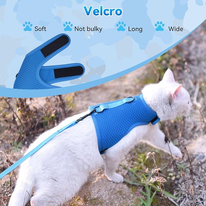 Cat Harness and Leash for Walking Escape Proof Breathable Mesh Fabric, Solid Blue, XX-Large, Adjustable Cat Walking Jackets, Padded Stylish Cat Vest