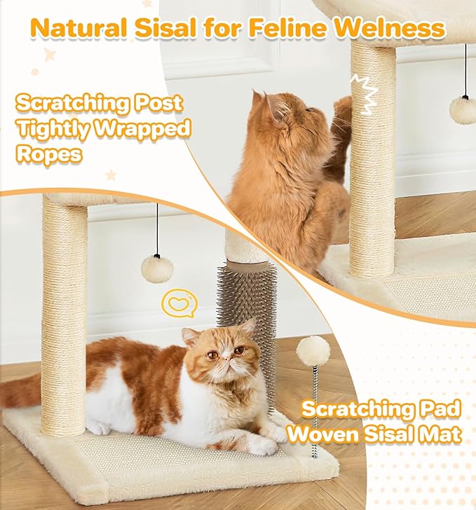 Made4Pets Small Cat Tree Tower, Cat Scratching Post 4-in-1 with Cat Self Groomer Brush, 20" Tall Natural Sisal Cat Scratcher, Soft Plush Cat Perch Bed with Dangling Ball for Indoor Kittens, Beige