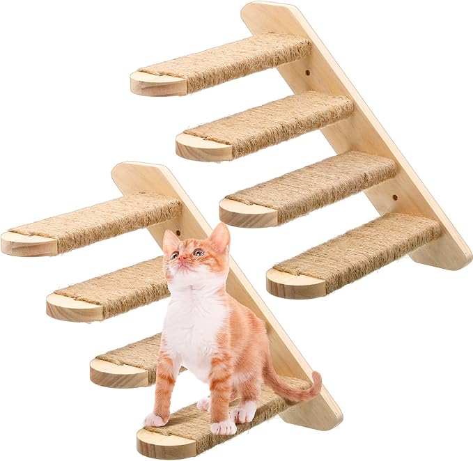 2 Pack Cat Climbing Shelf Wall Mounted Wood Cat Stair Cat Climbing Ladder 4 Step Cat Stairway with Jute Scratching Reversible Cat Wall Furniture for Cats Perch Platform Play Jump Climber Supplies