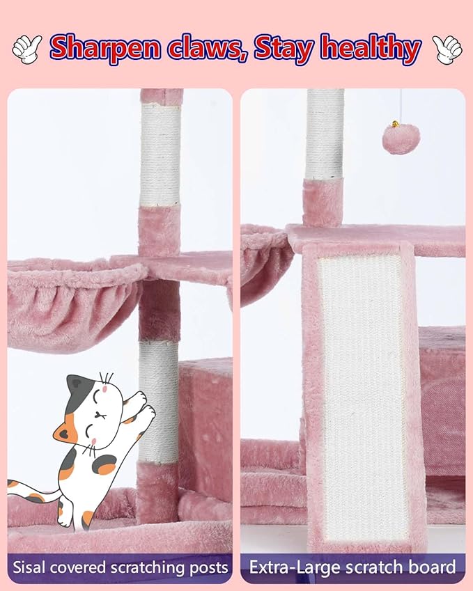 Cat Tree, Cat Tower with condo, Basket, Large Bed, Platform, Scratch Board, Cat Scratching Posts for Indoor Cats, Pink GCT002SP