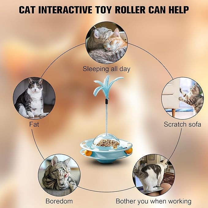 2 in 1 Cat Interactive Toy Roller 3-Level Turntable Cat Toy Cat Slow Feeder Food Dispenser Cat Kitten Wand (Orange-B)