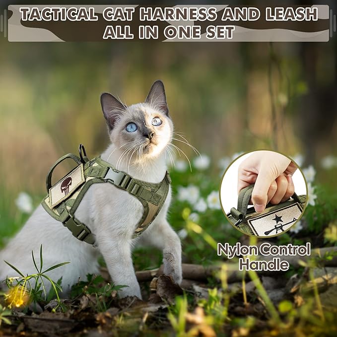 Tactical Cat Harness and Leash, Escape Proof Large Cat Walking Vest,Adjustable Soft Mesh Pet Vest Harness with Control Handle, Molle Patches