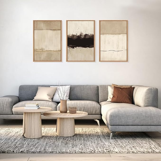 Ausril Large Neutral Textured Framed Canvas Wall Art Set, Minimalist Beige Shapes Wall Decor, Abstract Grunge Landscape Wall Painting, Modern Textured Art Prints for Living Room, Bedroom 16"x24"x3