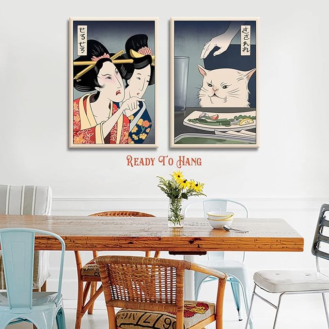 2pcs Funny Cute Canvas Painting Japanese Woman Yelling at Cat Eating Food Poster Print Vintage Wall Art Meme Picture Dining Room Kitchen Ready to Hang 12x16 Inches…