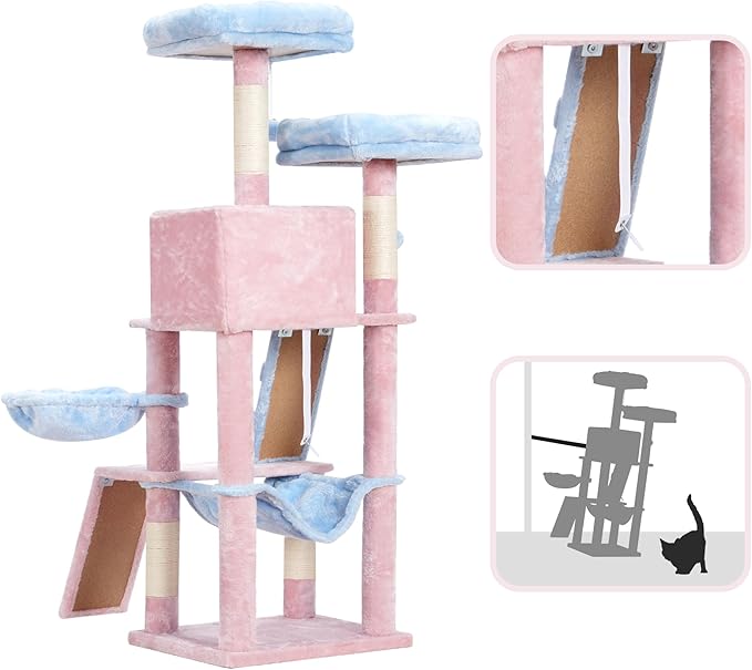 Heybly Cat Tree, Cat Tower for Indoor Cats,Multi-Level Cat Furniture Condo for Cats with Padded Plush Perch, Cozy Basket and Scratching Board,Blue and Pink HCT014BP