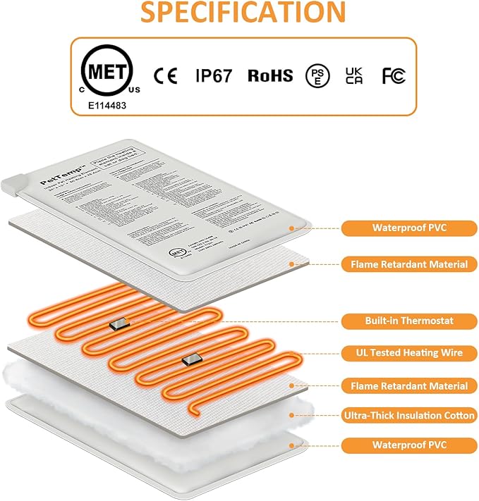 Pet Bed Warmer, Compact Heating Pad Insert for Cat Dog Beds, Turn Any Pet Bed Into a Heated Pet Bed, Waterproof Heated Bed Mat with Chew-Resistant Cord, Safe and Warm (L:20' x 10'')