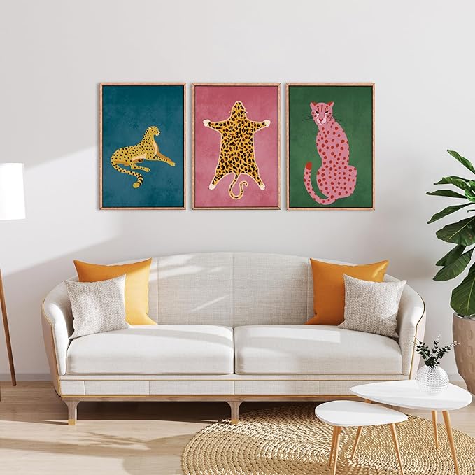 Ausril Cheetah Animals Framed Canvas Wall Art Set, Leopard Preppy Room Wall Decor, Modern Boho Cats Wall Painting, Pink Dot Cartoon Art Print for Living Room Bedroom Dinning Room Office 24"x36"x3