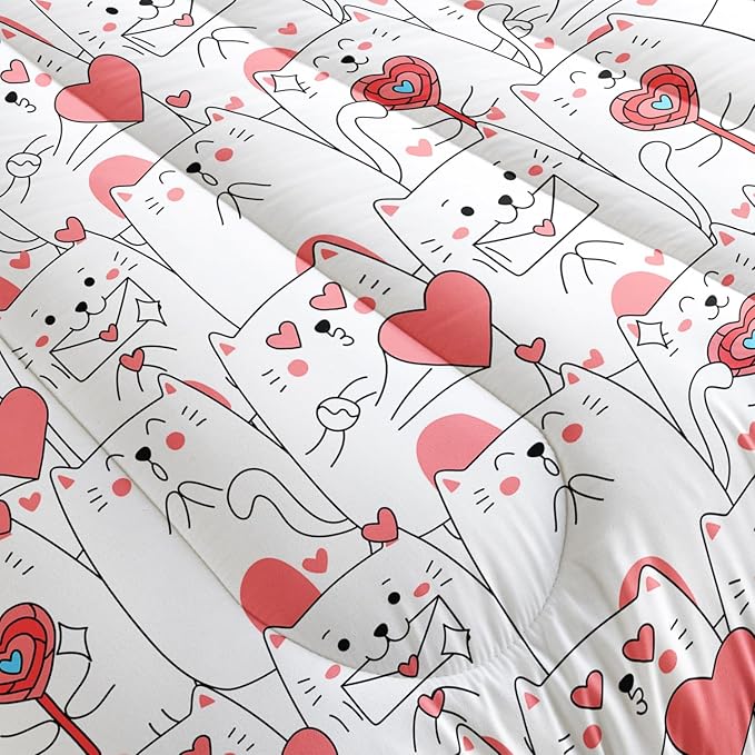 AILONEN Cute Cartoon Cat Comforter Set Full Size, Romantic Hearts Printed Kitted Bedding Set,Kids Girls Soft Microfiber Comforter with 2 Pillowcases,3-Piece for Bedroom