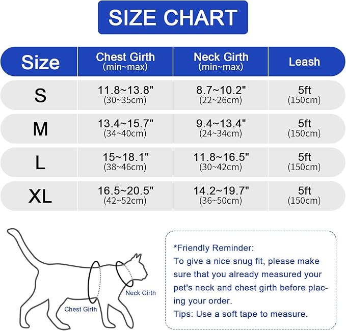 Cat Harness and Leash Set, Upgraded Escape Proof Adjustable Vest with Lead for Kitten Puppy Outdoor Walking, Soft Breathable Mesh Jacket with Reflective Strips for Dark Night (M, Klein Blue)