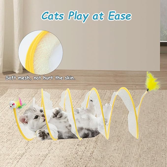 2 Packs Cats Tunnel Toys, Folded Cats Tunnels for Indoor Cats Tubes Played Tunnel Spring, Collapsible Pet Bed, Interactive Toy with Toys Feather Mouse for Kitten Yellow, Blue
