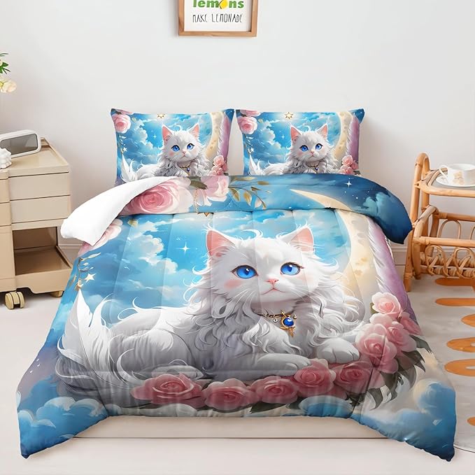 AILONEN Kids Kitten Bedding Set Twin Size,Cute Cartoon Cat Comforter Set for Girls Teens,Fairy Sky Moon Pink Rose Duvet Set 3 Piece,Beautiful Kitten Comforter with 2 Pillowcases