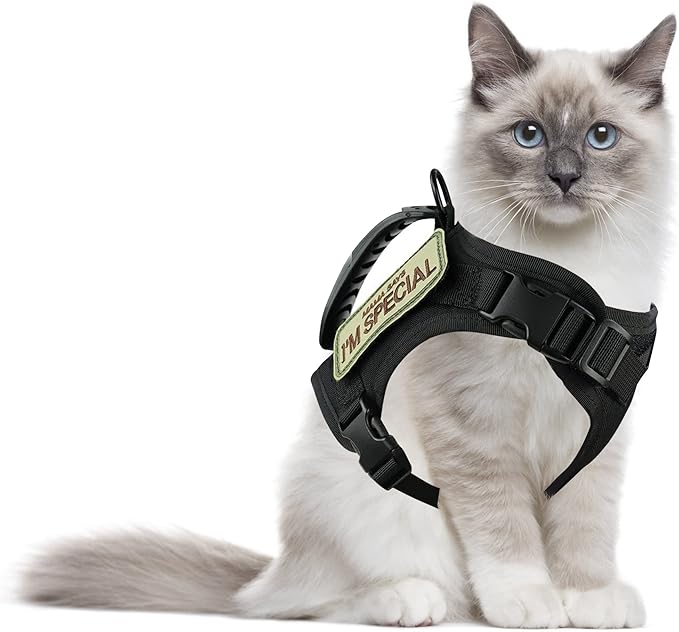 Tactical Cat Harness for Walking Escape Proof, Adjustable Pet Vest Harness, Soft Mesh with Control Handle for Large Cat Small Dog, Gift with Patch