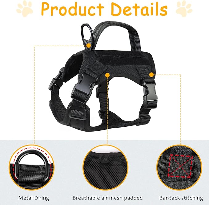 Tactical Cat Harness for Walking, Adjustable Escape Proof Pet Vest for Large Cat,Easy Control Breathable Cat Vest with Handle，Molle Patches (Black, L)