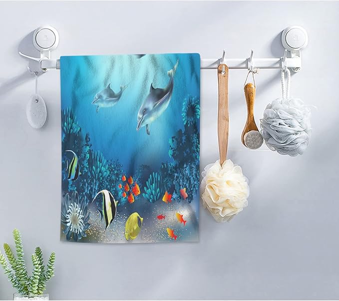 AOYEGO Underwater World Hand Towel Ocean Sea Dolphin Fish Seaweed Coral Mountain Tree Towels Cotton Face Towel Bath Kitchen Decor Set for Women Men Girls Boys 15x30 Inch
