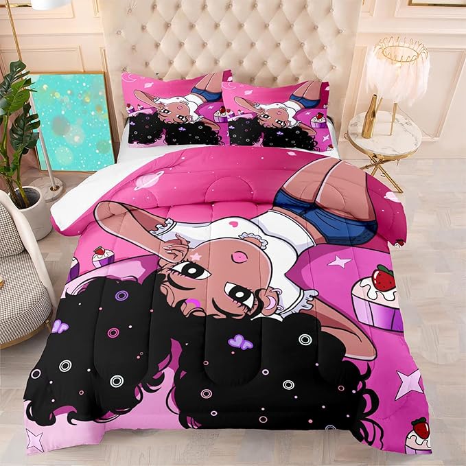 African American Comforter Sets for Girls, Black Girls Kids Comforter Sets 2 Piece Pink Twin Size Bedding with 1 Pillowcase