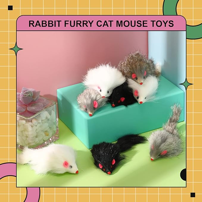 60 Pcs Furry Mice Interactive Catch Play Rabbit Fur Mouse Cat Toy Rattle Sound Rat Plush for PET Cats and Kittens, 3 Colors