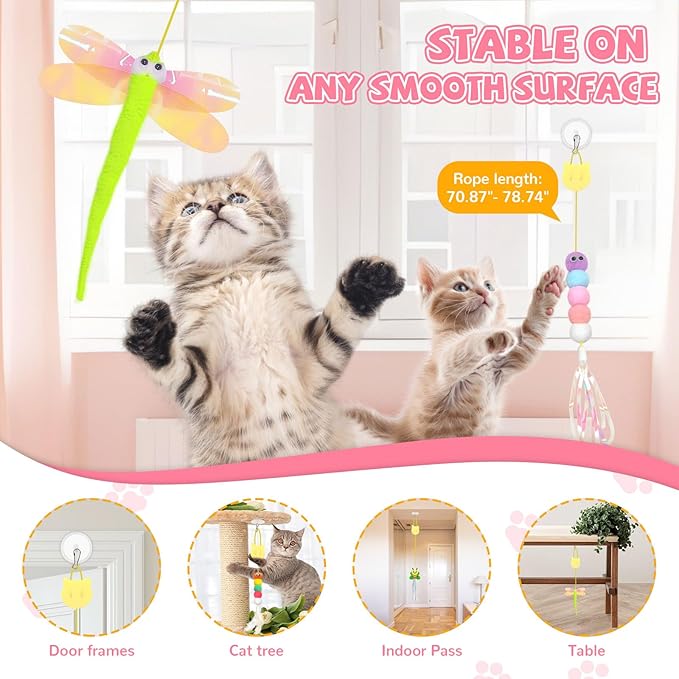 6pcs Door Hanging Cat Toys for Indoor Cats Self Play, Kitten Cat Toys for Bored Indoor Adult Cats, Cute Cat Ball Toy with Bell, Colorful Realistic Bee Dragonfly Caterpillar Interactive Cat Toy