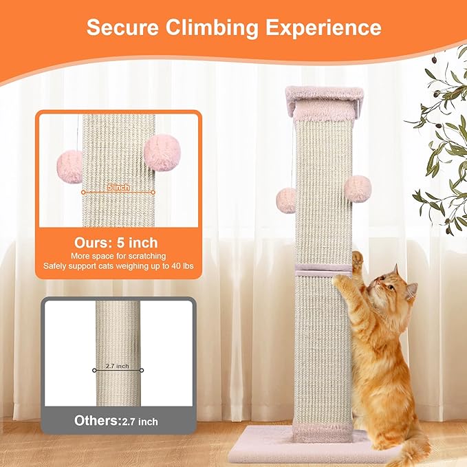 Cat Scratching Post 33 Inch Nature Sisal Cat Scratch Post for Indoor Cats, Large Cat Scratcher Protect Your Furniture Pink