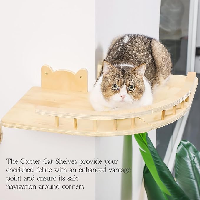 Cat Shelves for Wall, 2 Pcs Cat Wall Shelves with 3 Cat Wall Steps, Wood Cat Wall Furniture Set with Plush Covered, Wall-Mounted Cat Climbing Shelves Cat Perch for Indoor Large Cat (Wood)
