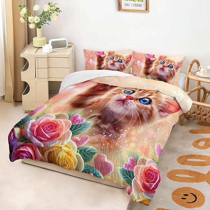 AILONEN Cat Comforter Set Full Size,Watercolor Cat Bedding for Girls, Cute Cartoon Kitten Bedding Pink Flower Cat Twin Comforter Sets for Kids,1 Comforter+ 2 Pillowcase-3 Pieces