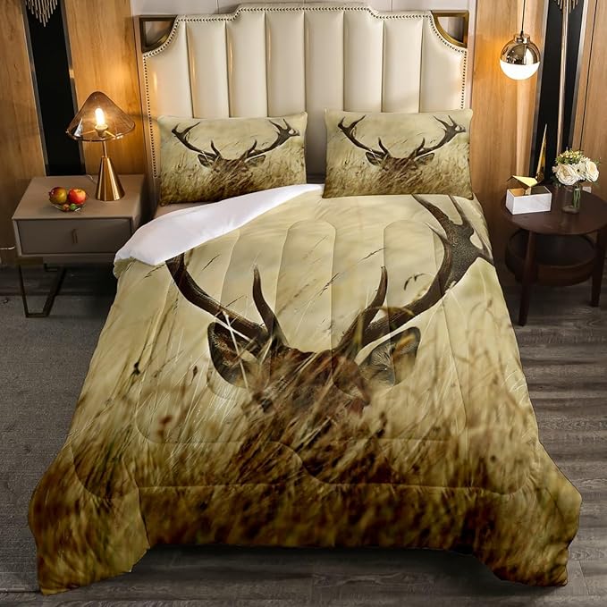 Antler Comforter Set King, Whitetail Deer Down Comforter, Stag Quilted Duvet, Countryside Rural Hunting Theme Comforter Set for Christmas Decorations Bedroom Decor All Season, Ultra Lightweight