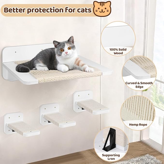 Cat Hammock Cat Wall Shelves with 3 Cat Wall Steps, Wall Mounted Cat Shelves and Perches with Hemp Rope Scratching, Cat Wall Furniture Climbing Shelves for Indoor Cats, Cat Bed and Stairs Set for Gift