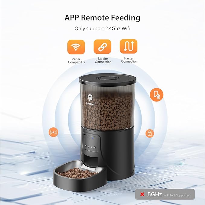 Automatic Cat Feeder WiFi- 2.4Ghz Cat Food Dispenser with APP Remote Control- Auto Pet Feeder for Cat and Small Dog Indoor- Easy to Set Up and Clean- Dual Power with Desiccant Bag Keep Fresh