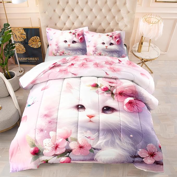 AILONEN Kids Twin Bedding Set, Pink Cherry Blossom Kitten Comforter Set for Girls, Kawaii Cat Duvet With 2 Pillowcases, 3 Piece Butterfly Soft Bedding