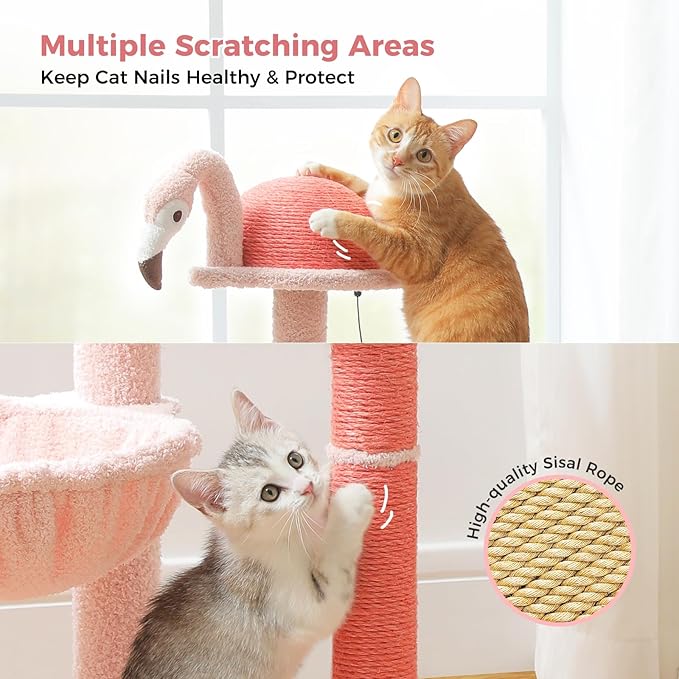 PETEPELA 34.2'' Cat Scracthcing Post, Tall Cat Scratcher with Large Cat Hammock [Dia=30CM], Flamingos Natural Sisal Cat Scratch Post, Pink Small Cat Tree Tower for Indoor Cats&Kittens