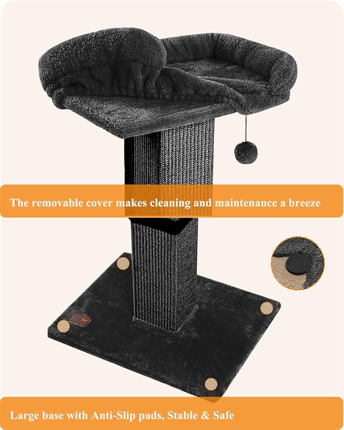 32" Cat Scratching Post for Indoor Cats, Sisal Cat Scratcher with Plush Perch, Large Scratch Post with Bed, Removable Cover, Sisal Fabric,Black