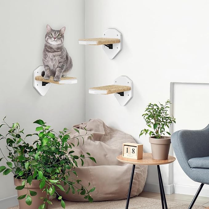 3-Pcs Cat Shelves Wall Mounted, Cat Wall Shelves Climbing Steps, Cat Shelves and Perches for Wall, Cat Wall Furniture with Sisal Rope, Cat Climbing Shelves Cat Wall Steps for Indoor Kitty, Cats(White)
