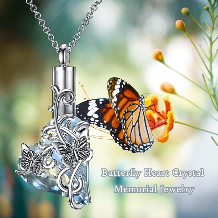 Animal Crystal Urn Necklace For Ashes Sterling Silver Butterfly Dragonfly Bee Phoenix Peacock Hummingbird Fox Angel Wing Pentagram Pentacle Cremation Necklace Heart Teardrop Urn Holder Necklaces For Women Memorial Jewelry
