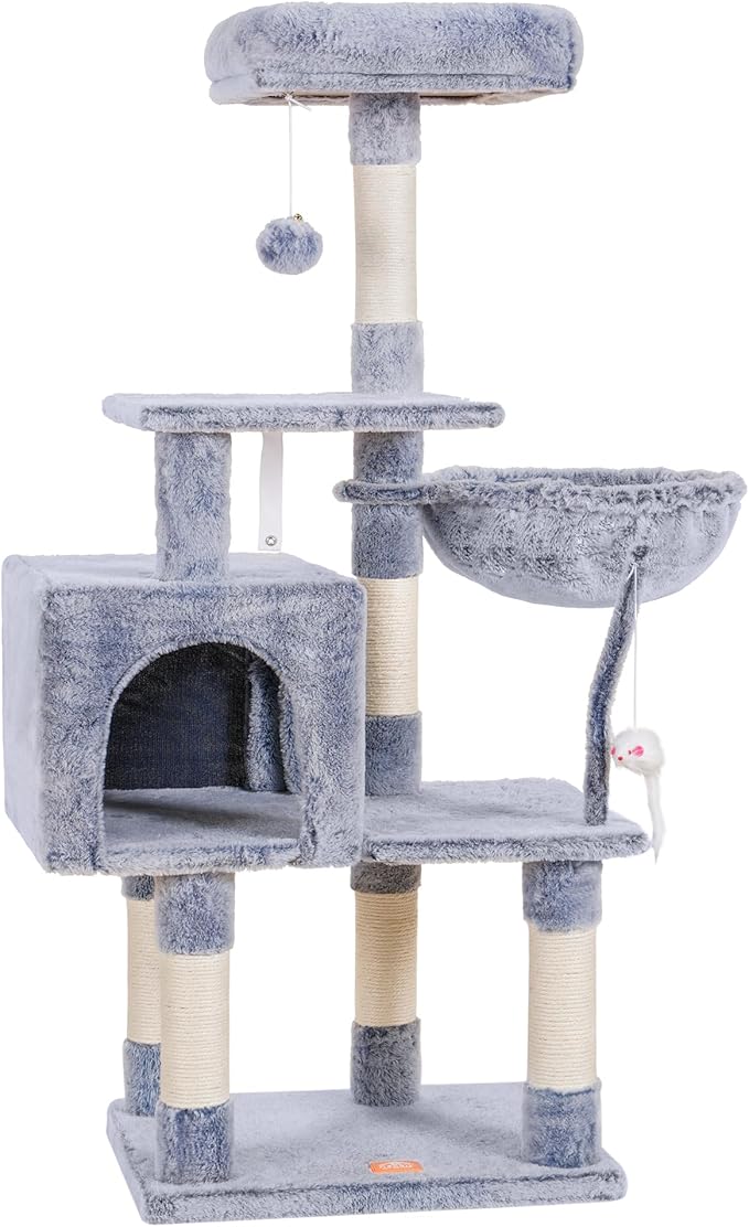 Heybly Cat Tree with Toy, Cat Tower condo for Indoor Cats, Cat House with Padded Plush Perch, Cozy Hammock and Sisal Scratching Posts, Pewter HCT004PE