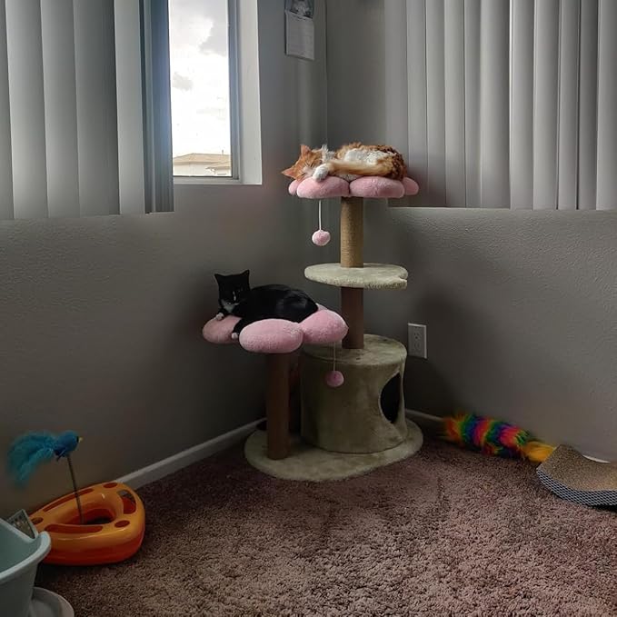 Erinnyees Flower Cat Tree, 38" Cat Tower with Scratching Post, Cute Cat Condo House with Dangling Ball for Kittens and Small Indoor Cats, Multi-Level Pet Play Climbing Stand