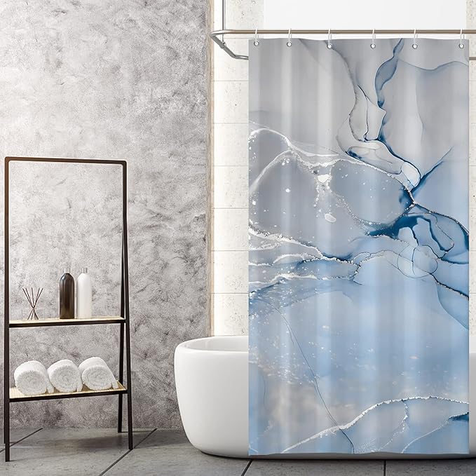 AWERT Blue Marble Shower Curtain for Bathroom Modern Blue White Marble Ink Shower Curtain with Hooks Washable Bathroom Accessories Bathtub Decor 36x72inch