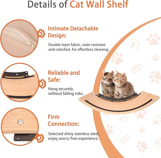 Large Cat Wall Shelves Curved Floating Cat Shelf Perch Bed with Cushion Wooden Cat Wall Furniture for Climbing Sleeping 22.4"x13.7"(White Oak)