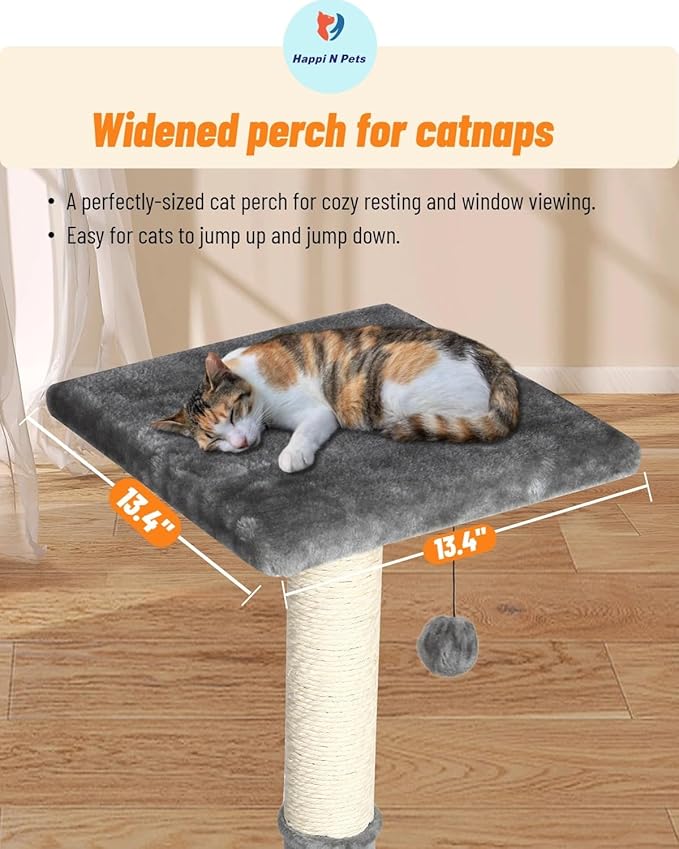 Happi N Pets 26" Cat Scratching Post with Perch, Natural Sisal Scratchers Trees for Indoor Cats, Featuring with Hanging Balls & Cozy Cat Bed, Stable Cat Scratch Posts for Kittens-Light Gray